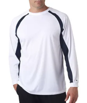 4154 Badger Adult Long-Sleeve Hook Performance Tee with Contrast Side Panel Insert White/ Navy