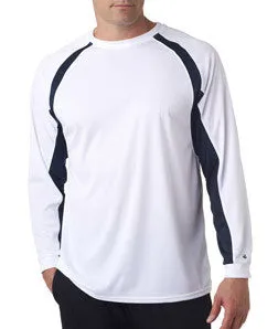 4154 Badger Adult Long-Sleeve Hook Performance Tee with Contrast Side Panel Insert White/ Navy