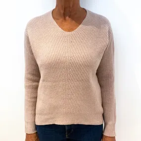 Beige Pink Ribbed Cashmere V-Neck Jumper Medium