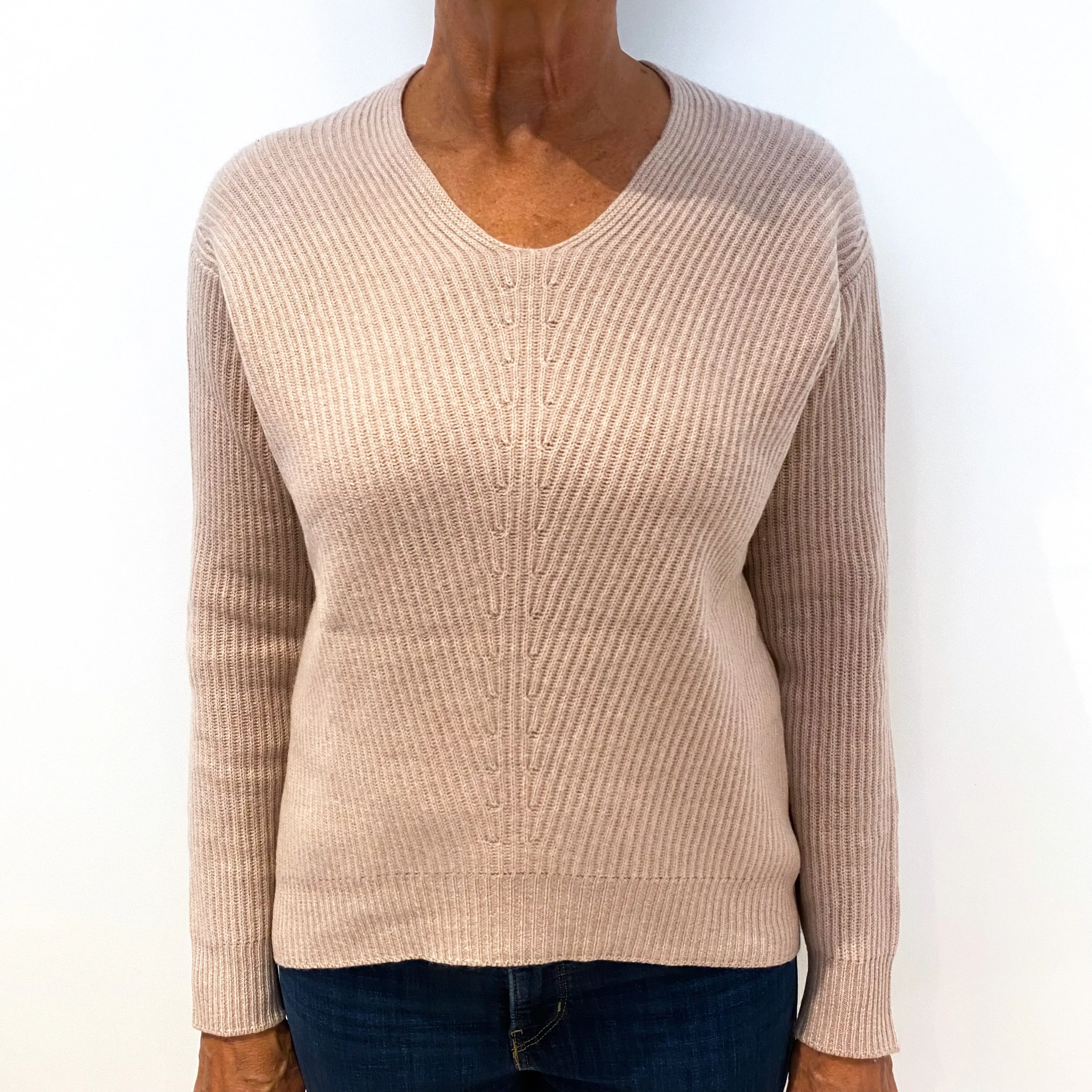 Beige Pink Ribbed Cashmere V-Neck Jumper Medium