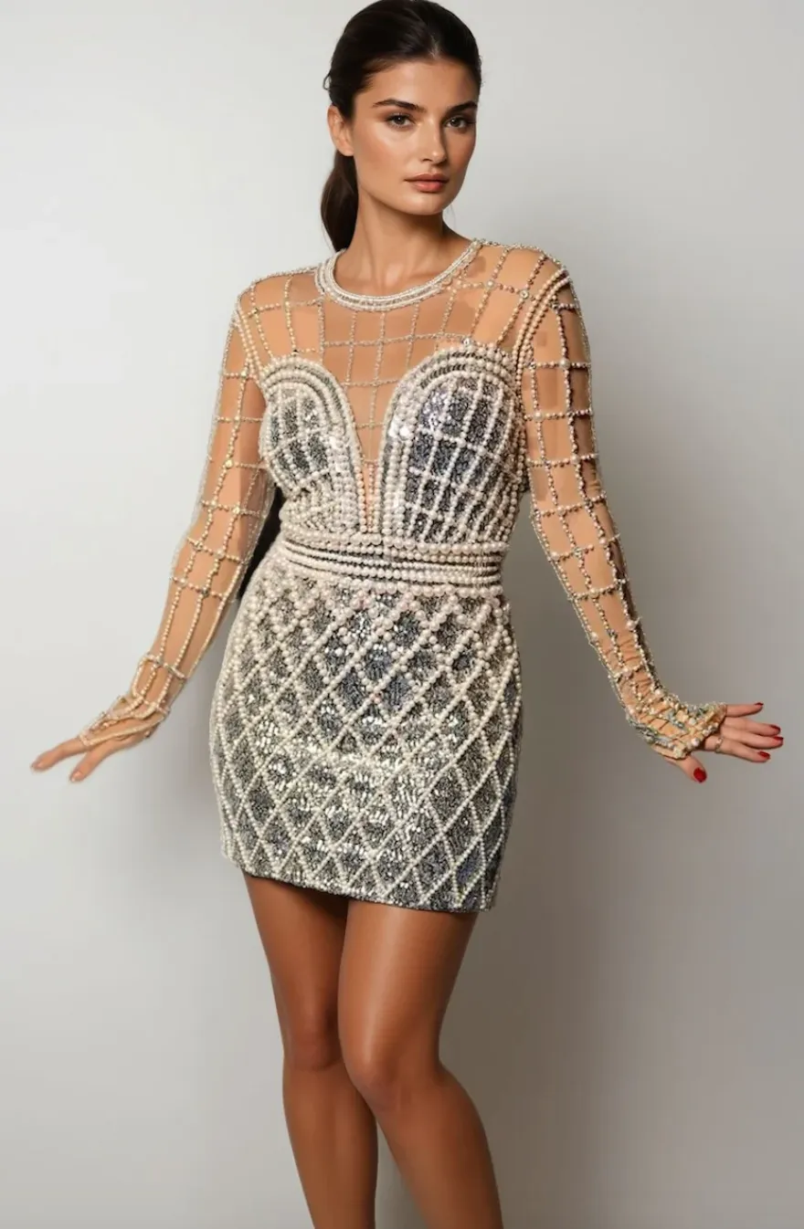 Bride Dress Birthday Party Dress Pearls Embellished Dress Elegant Cocktail Bridesmaid NEW IN