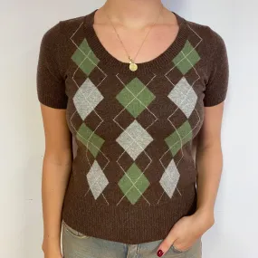 Brown Argyle Cashmere Short Sleeved Jumper Small