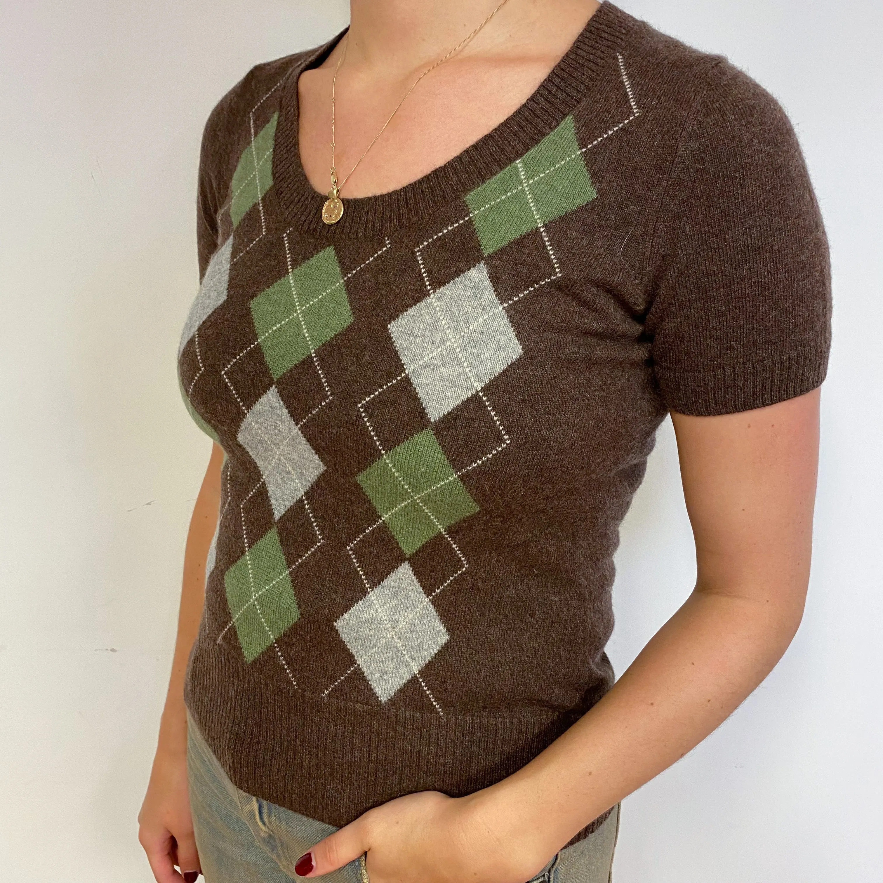 Brown Argyle Cashmere Short Sleeved Jumper Small