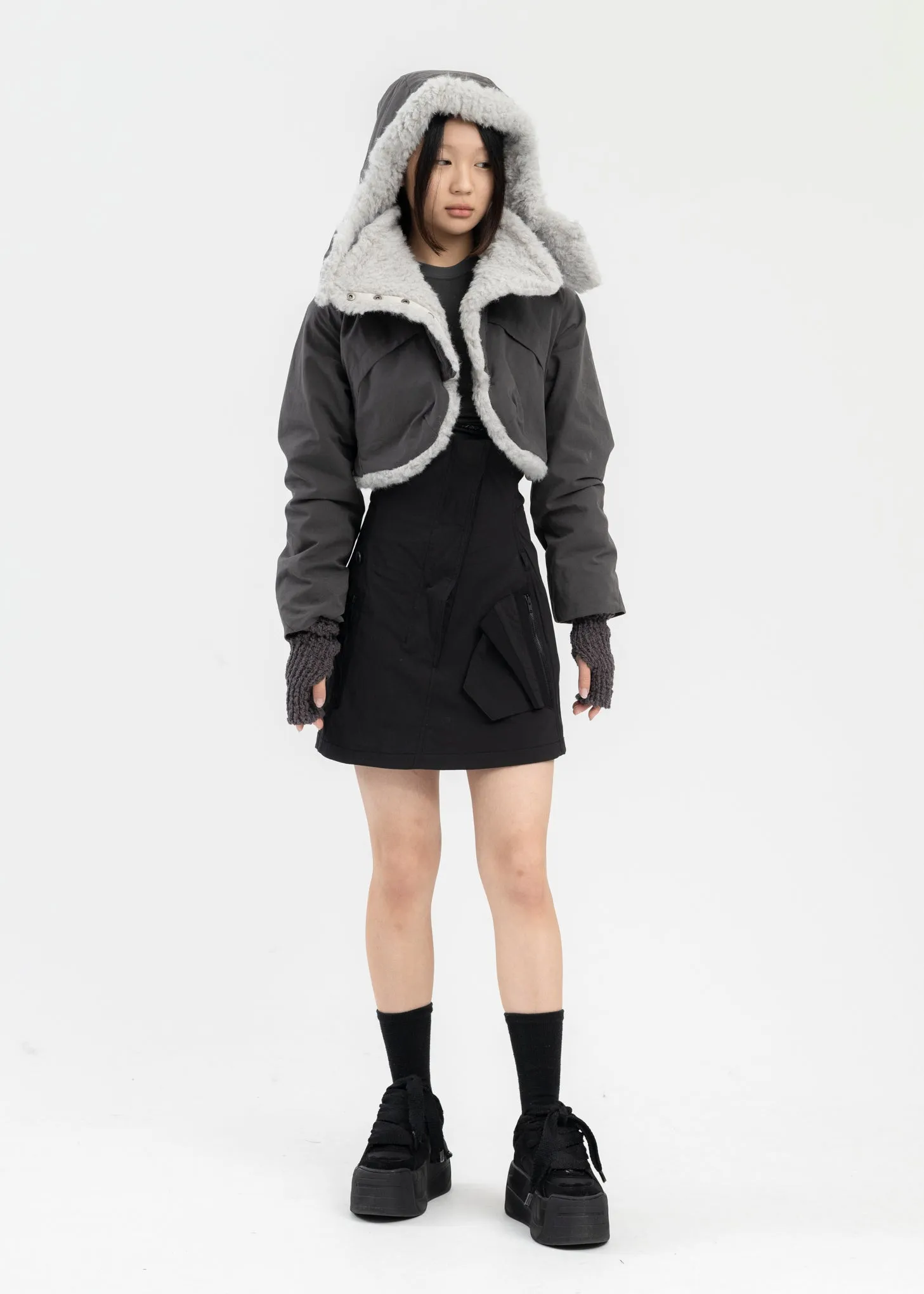 CHARCOAL CROPPED FUR JACKET
