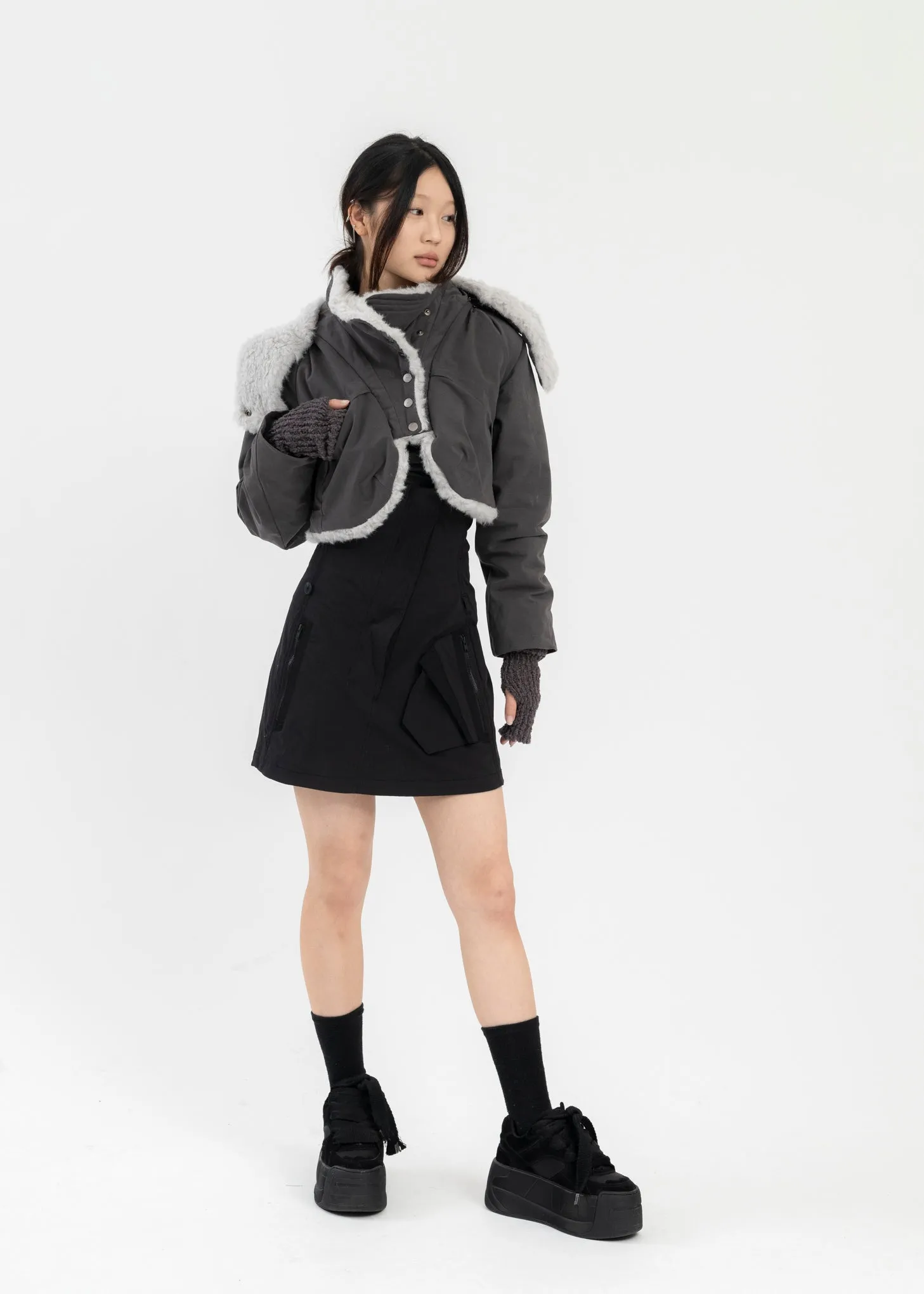 CHARCOAL CROPPED FUR JACKET
