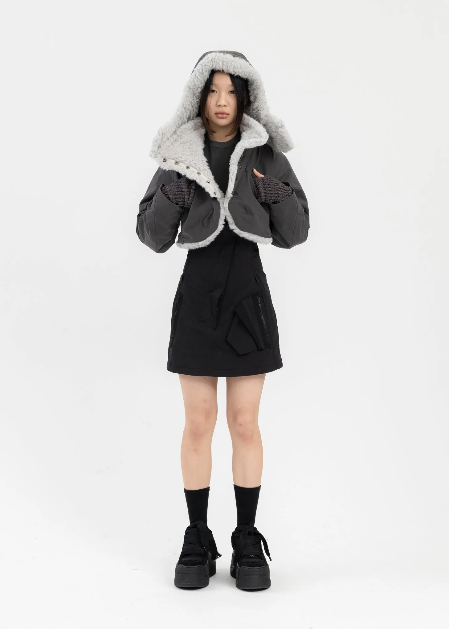 CHARCOAL CROPPED FUR JACKET