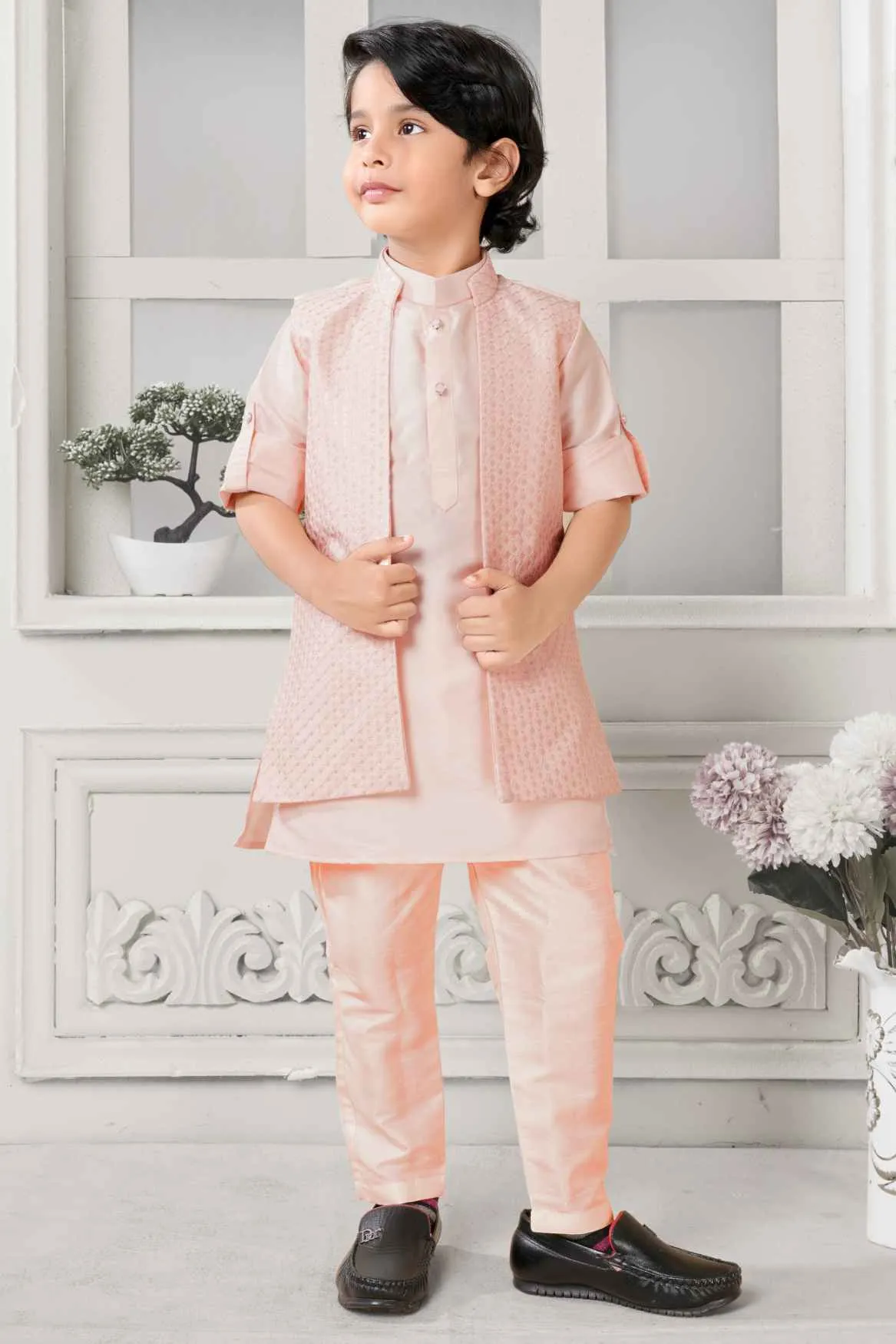Classic Peach Kurta Set With Overcoat For Boys