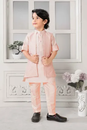 Classic Peach Kurta Set With Overcoat For Boys
