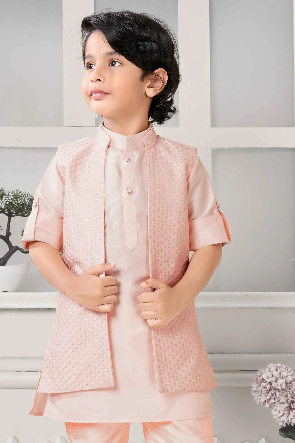 Classic Peach Kurta Set With Overcoat For Boys