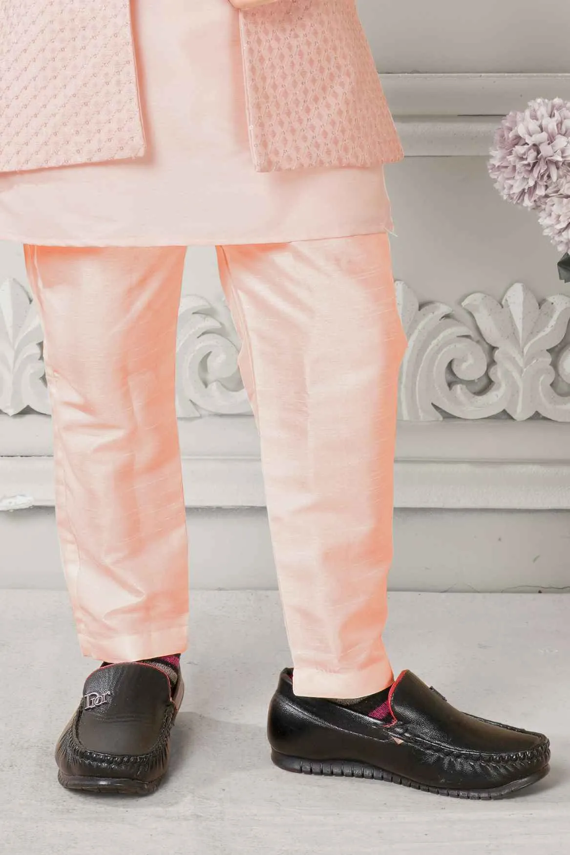 Classic Peach Kurta Set With Overcoat For Boys