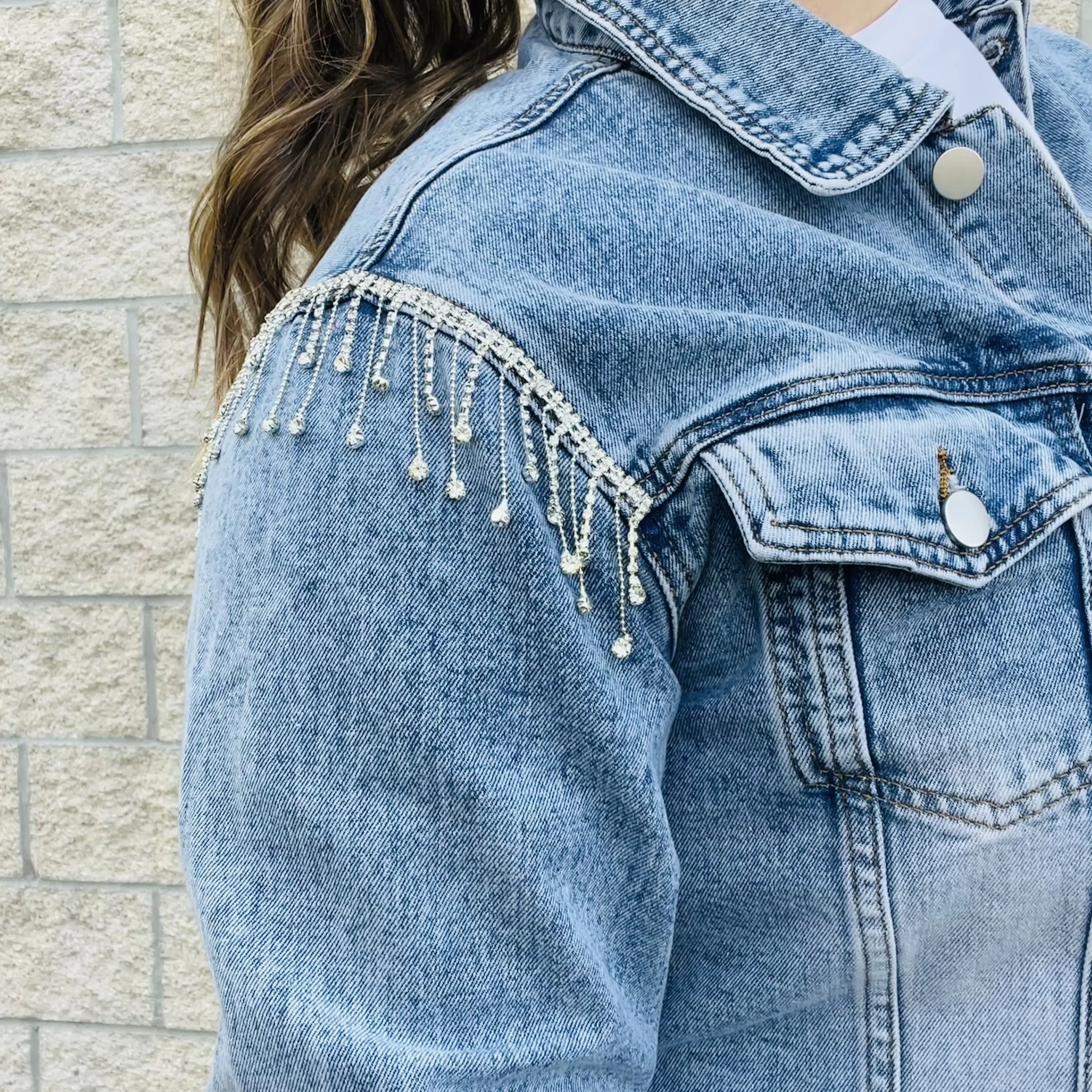 Cropped Denim Jacket with Rhinestones