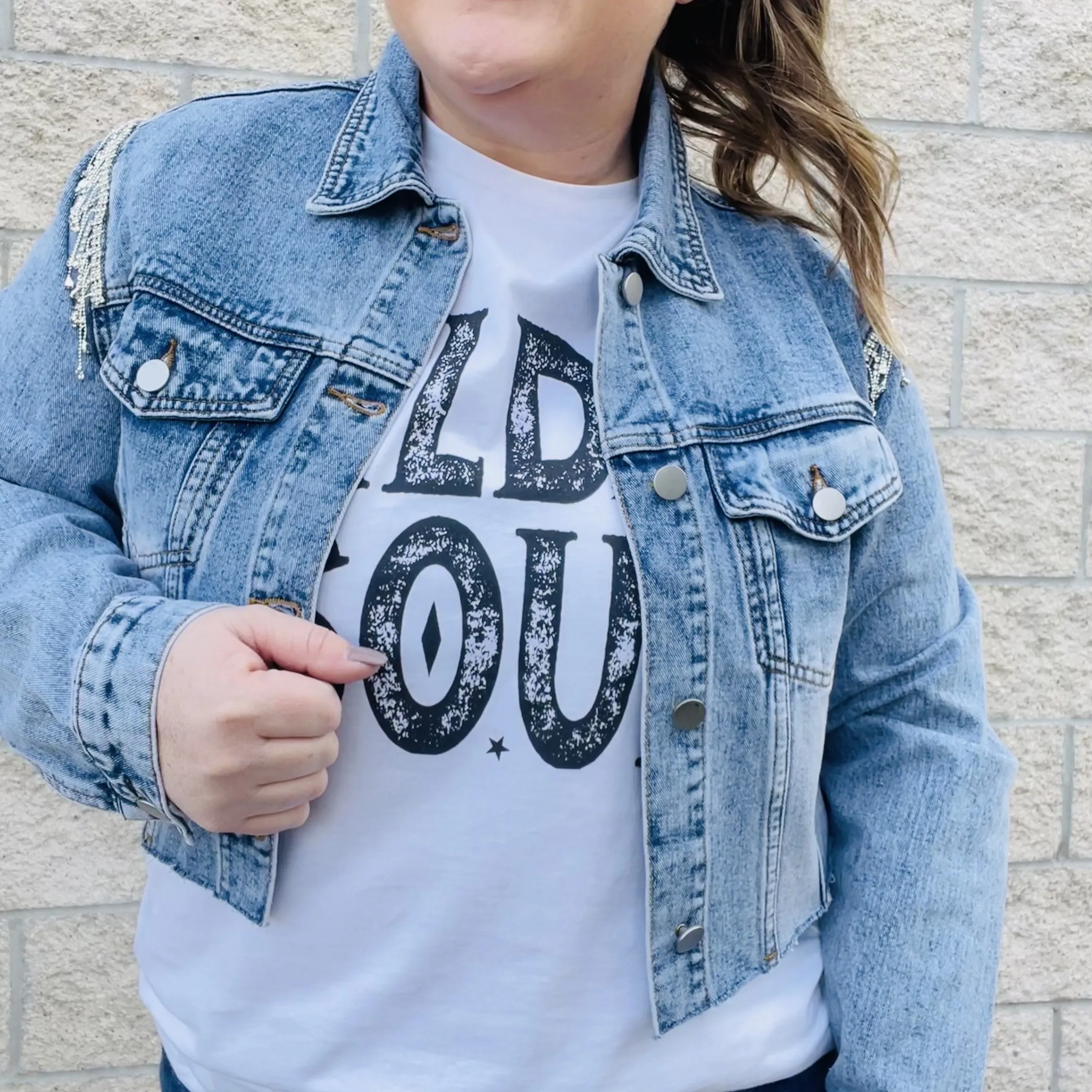 Cropped Denim Jacket with Rhinestones