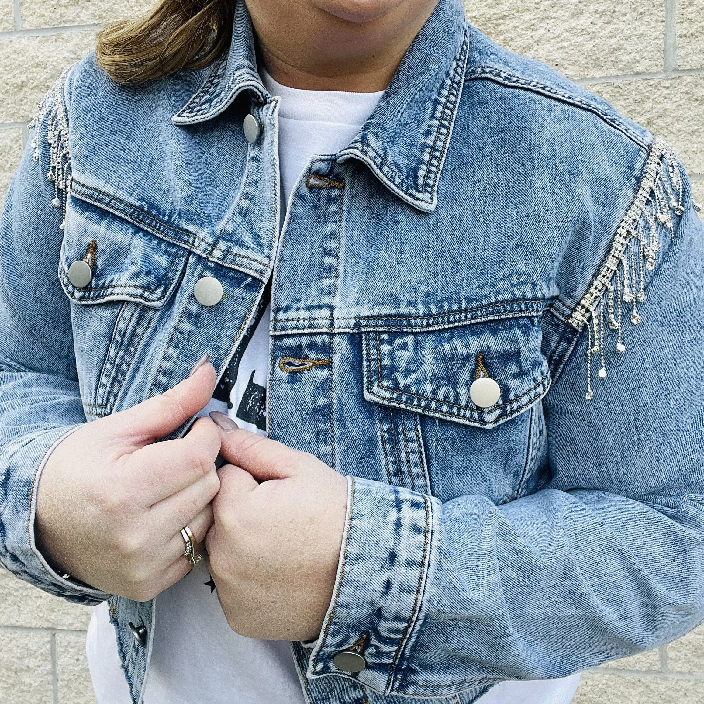 Cropped Denim Jacket with Rhinestones