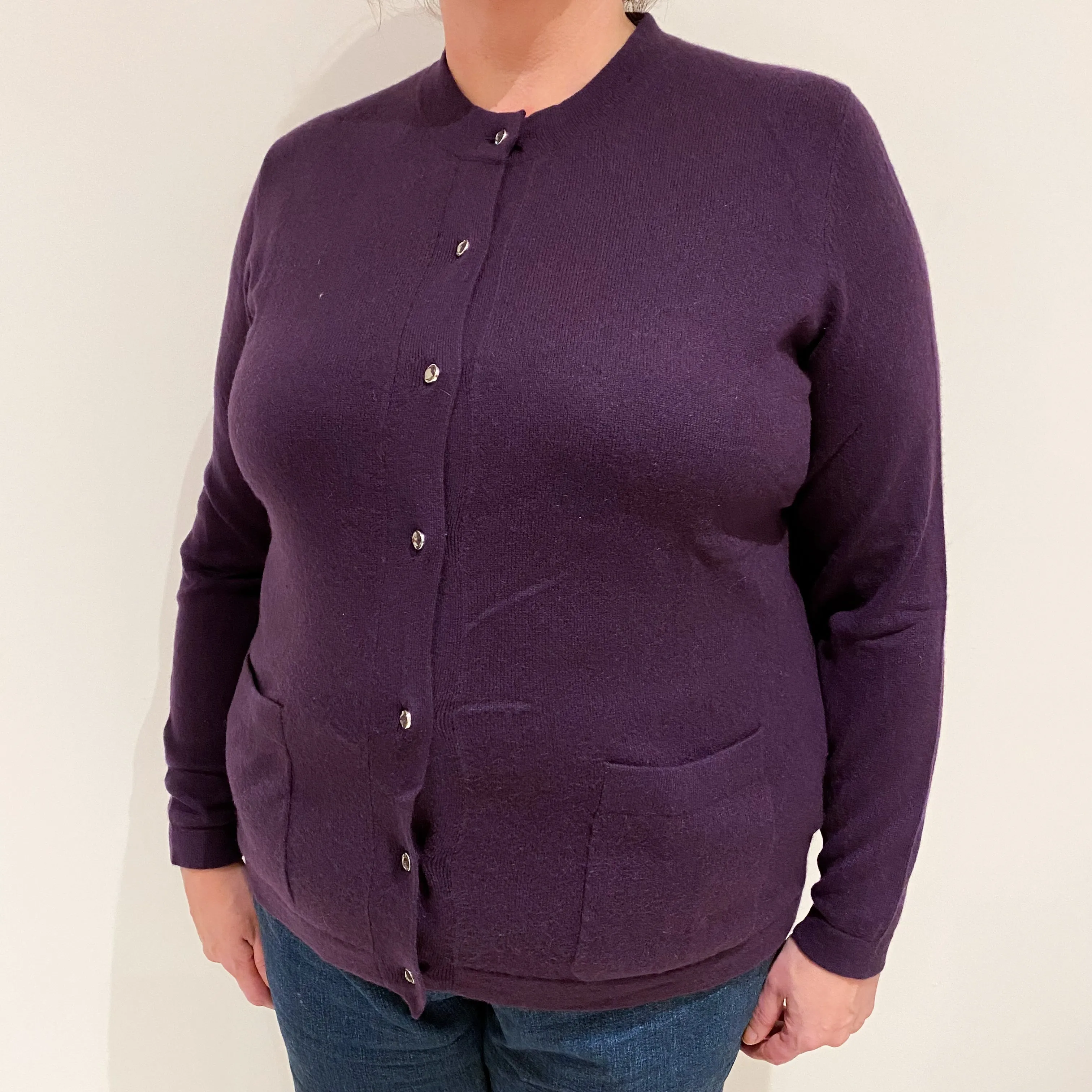 Deep Purple Cashmere Crew Neck Cardigan with Pockets Extra Large