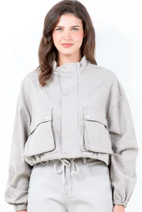 Drawstring Hem Cargo Pocket Cropped Worker Jacket Plus Size