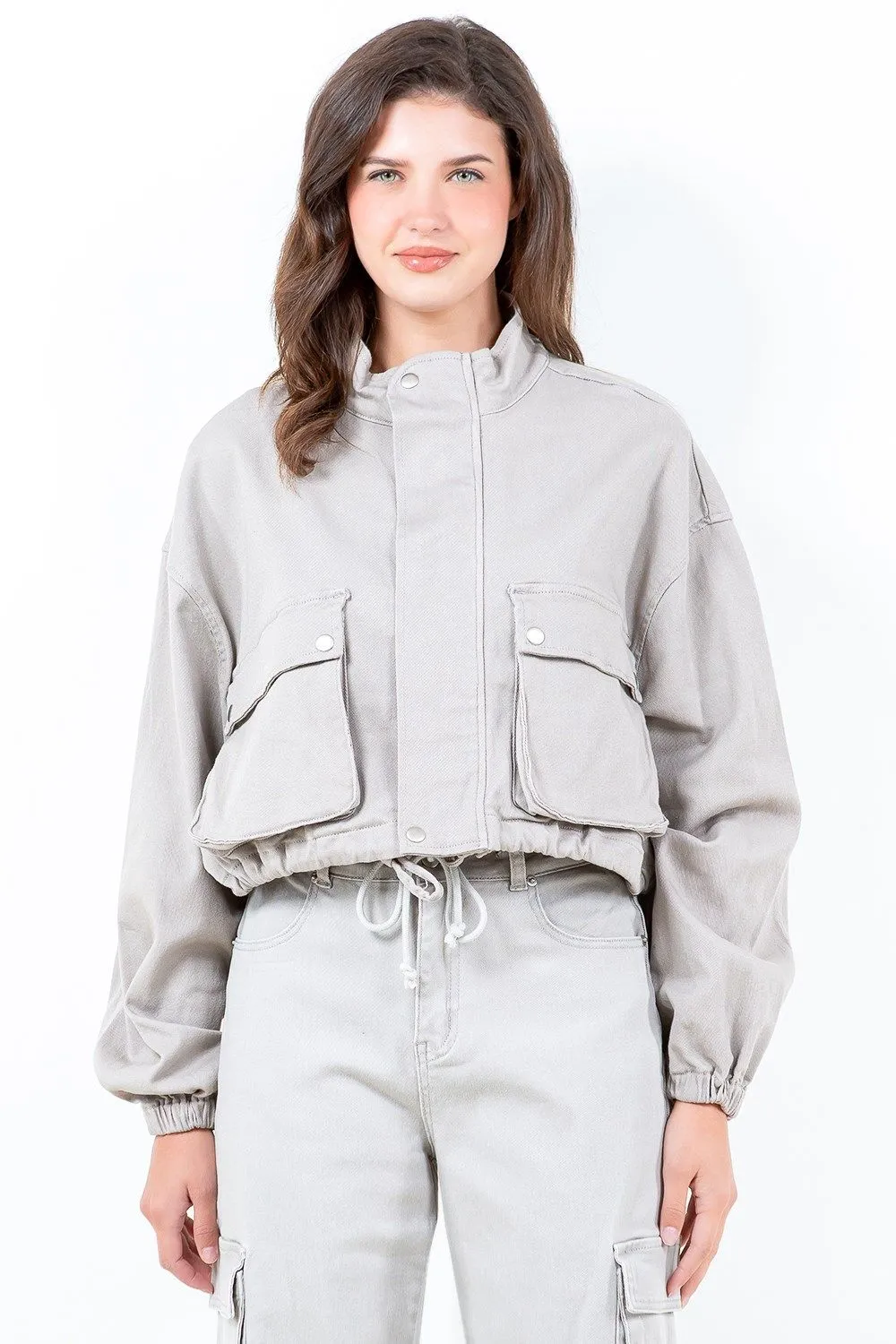 Drawstring Hem Cargo Pocket Cropped Worker Jacket Plus Size