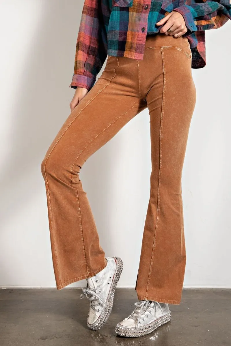 Easel Slim Silhouette Flared Mineral Washed Bell Bottom Pants by Sensual Fashion Boutique