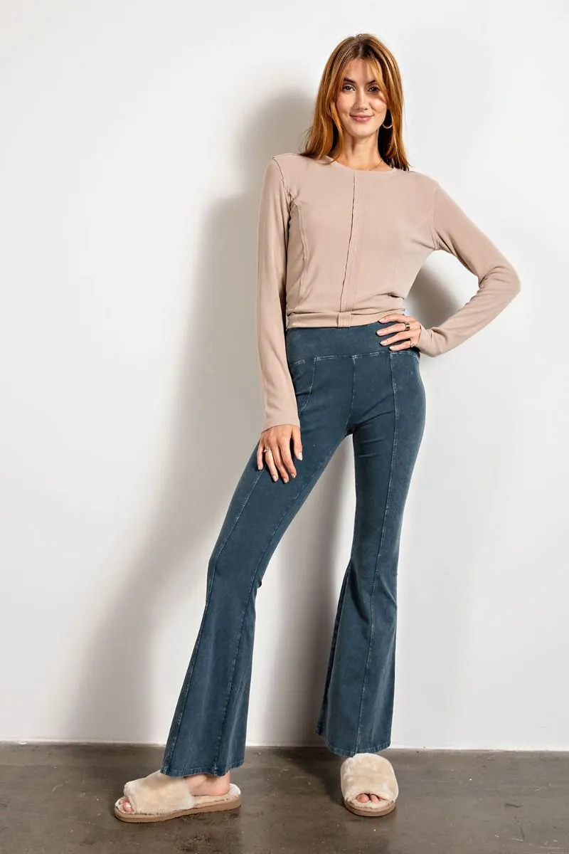 Easel Slim Silhouette Flared Mineral Washed Bell Bottom Pants by Sensual Fashion Boutique