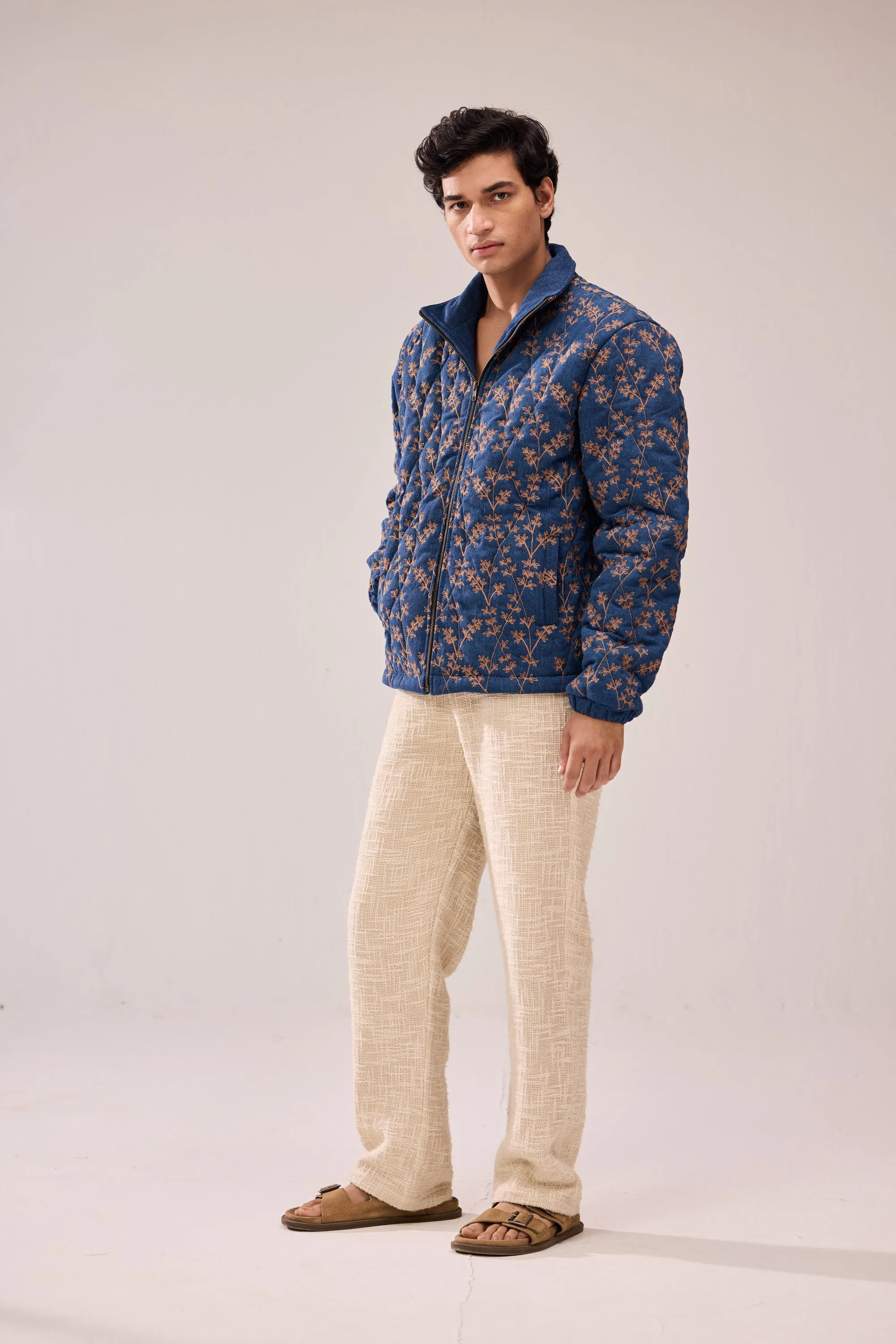 Floral embroidered denim quilted jacket