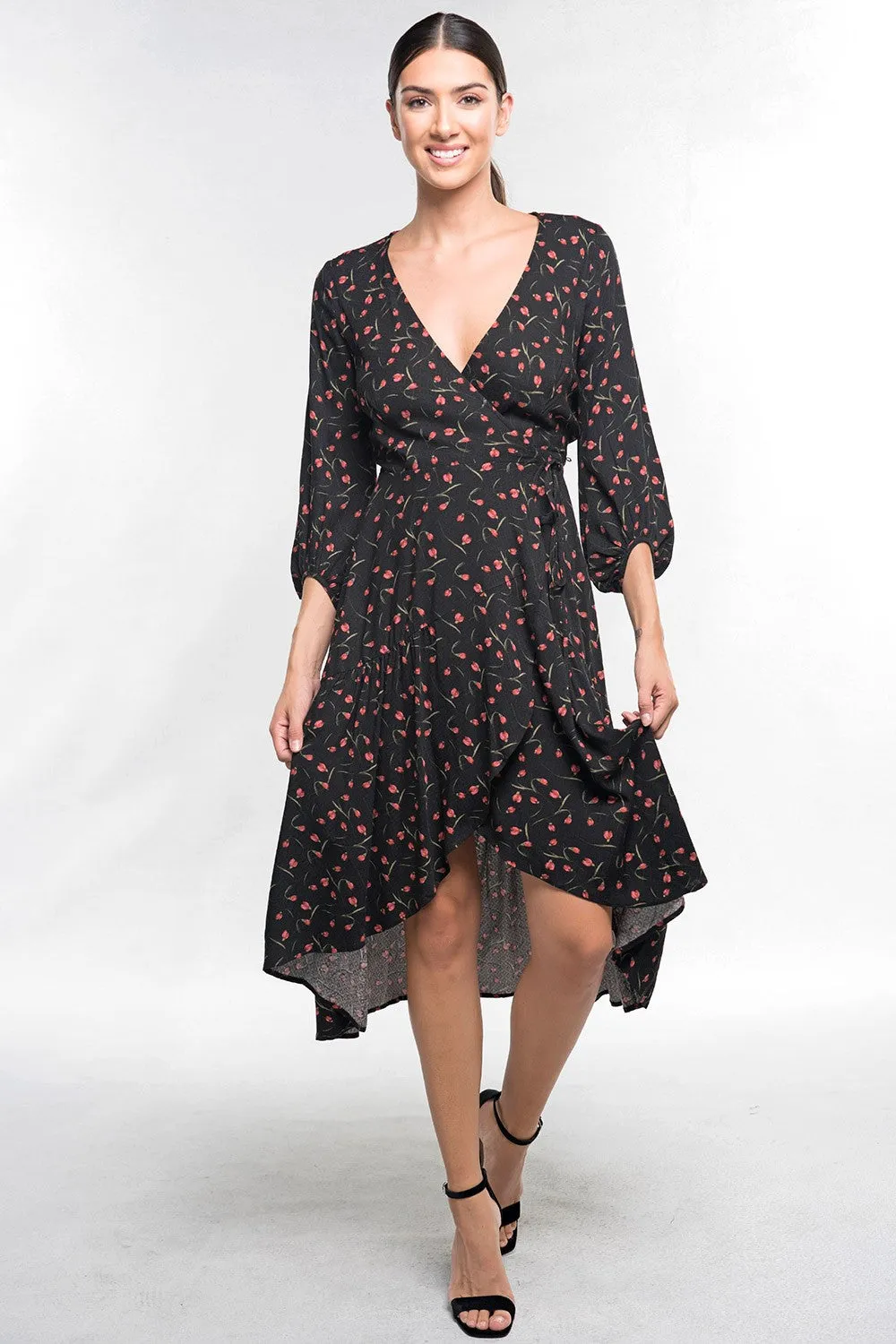 Floral Print Wrap 3/4 Sleeve Midi Dress