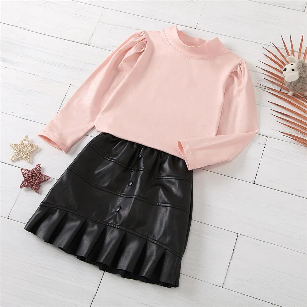 Girls Solid Long Sleeve Turtleneck Top & PU Skirt Kids Wholesale Clothing
