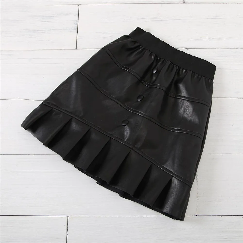 Girls Solid Long Sleeve Turtleneck Top & PU Skirt Kids Wholesale Clothing