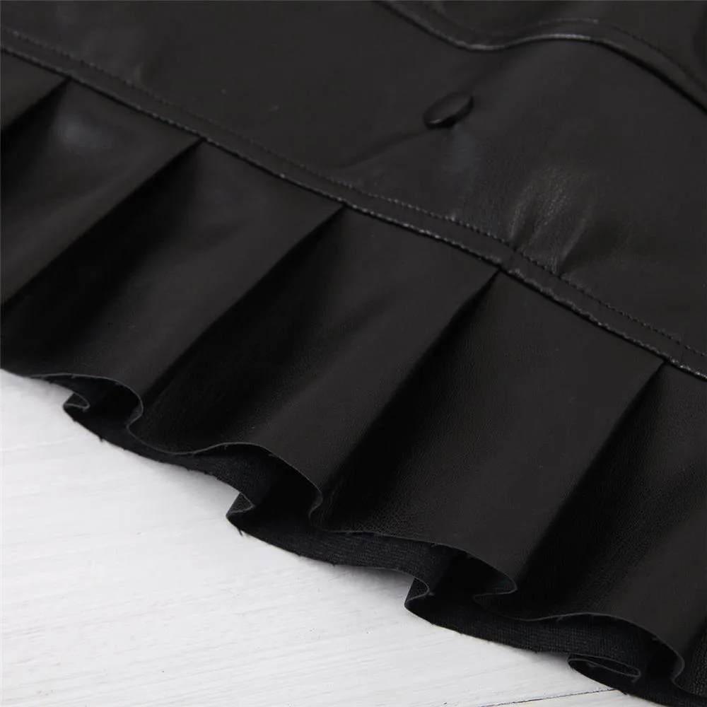 Girls Solid Long Sleeve Turtleneck Top & PU Skirt Kids Wholesale Clothing