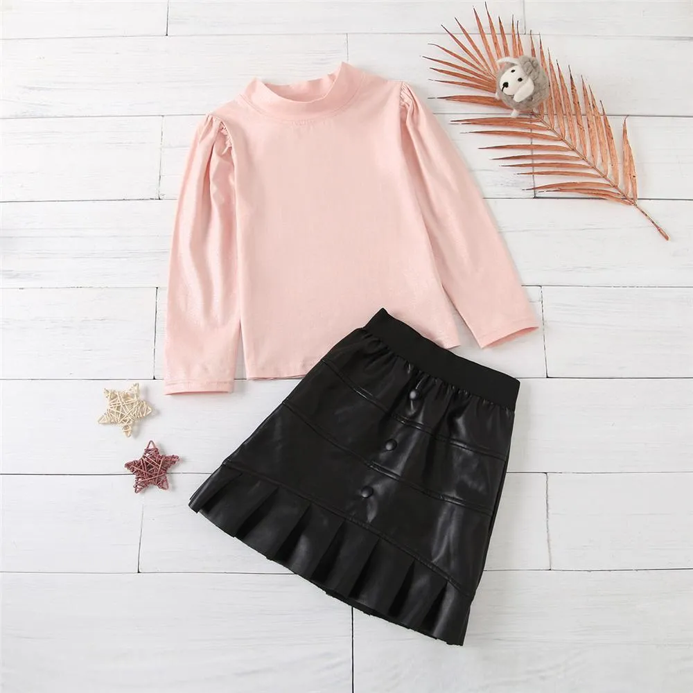 Girls Solid Long Sleeve Turtleneck Top & PU Skirt Kids Wholesale Clothing