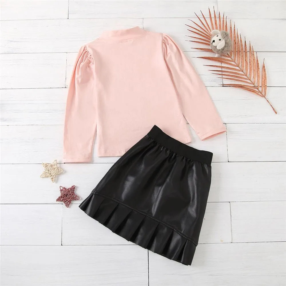 Girls Solid Long Sleeve Turtleneck Top & PU Skirt Kids Wholesale Clothing