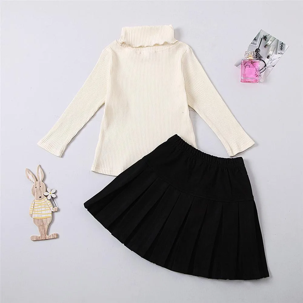 Girls Solid Turtleneck Long Sleeve Top & Pleated Skirt Wholesale Girl Clothing