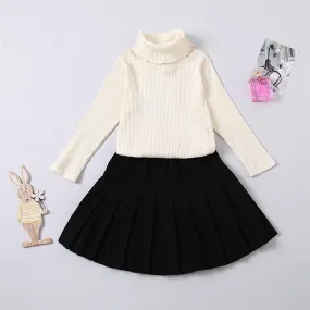 Girls Solid Turtleneck Long Sleeve Top & Pleated Skirt Wholesale Girl Clothing