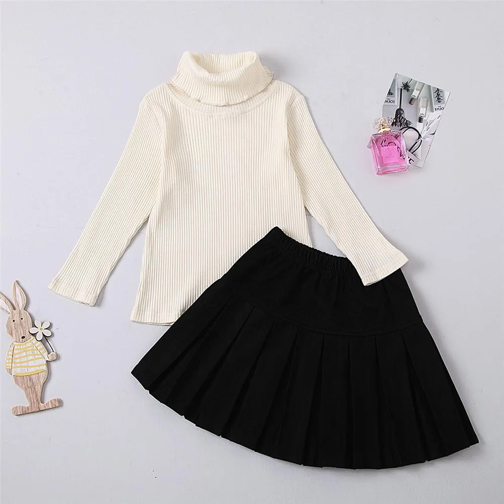 Girls Solid Turtleneck Long Sleeve Top & Pleated Skirt Wholesale Girl Clothing