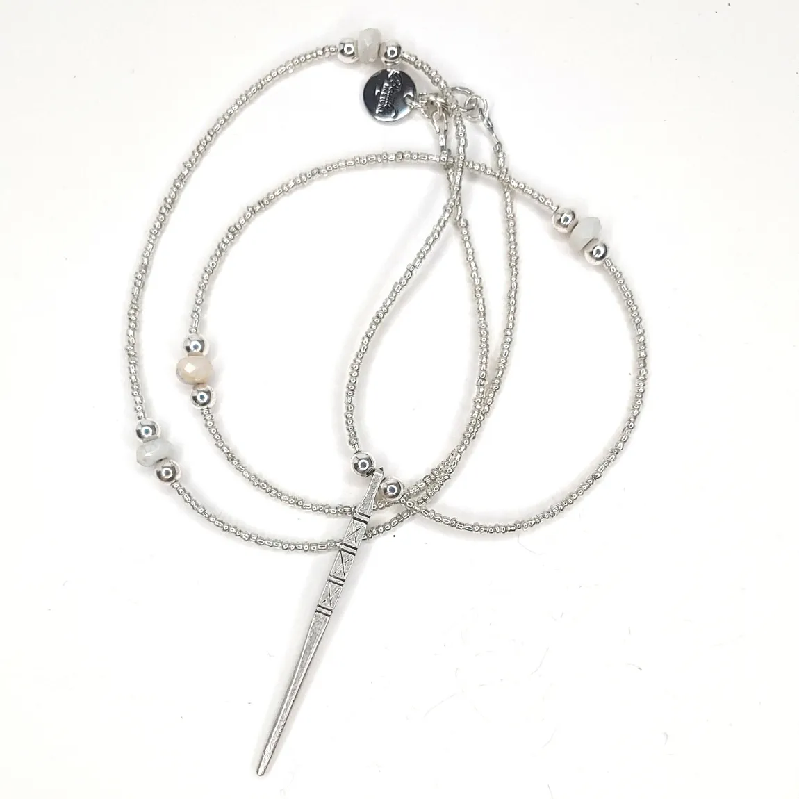 Glass and Stone Beaded Silver Chain Necklace With Drop Pendant