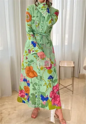 Green Elegant Print Shirt Long Dress