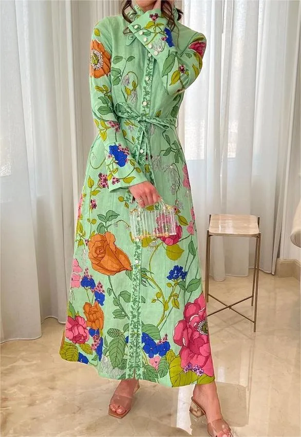 Green Elegant Print Shirt Long Dress