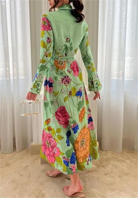 Green Elegant Print Shirt Long Dress