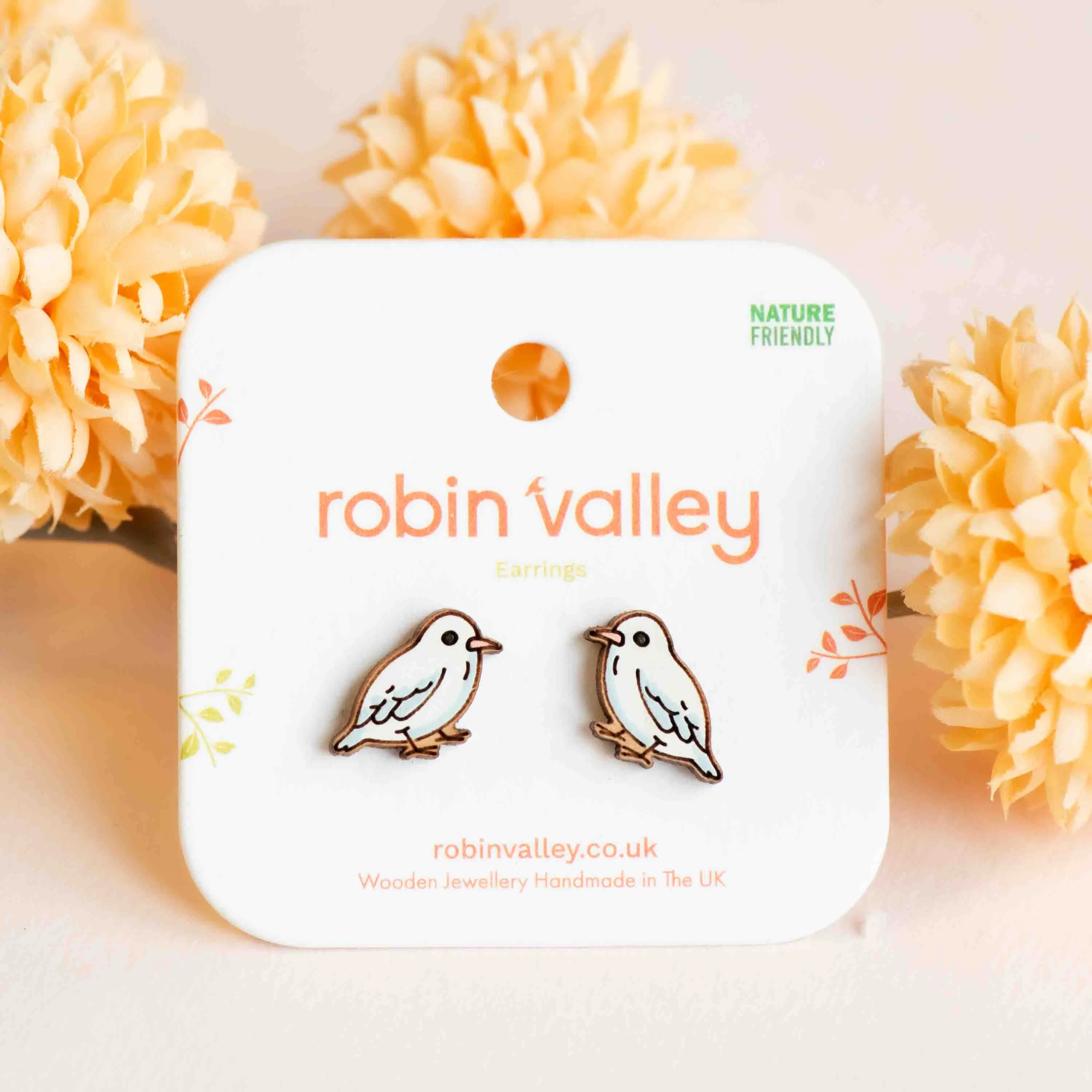 Hand-painted White Bird Wooden Earrings - PEB12073