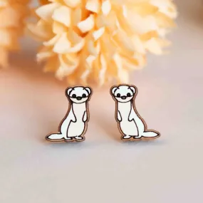 Hand-painted White Ferret Wooden Earrings - PEL10362