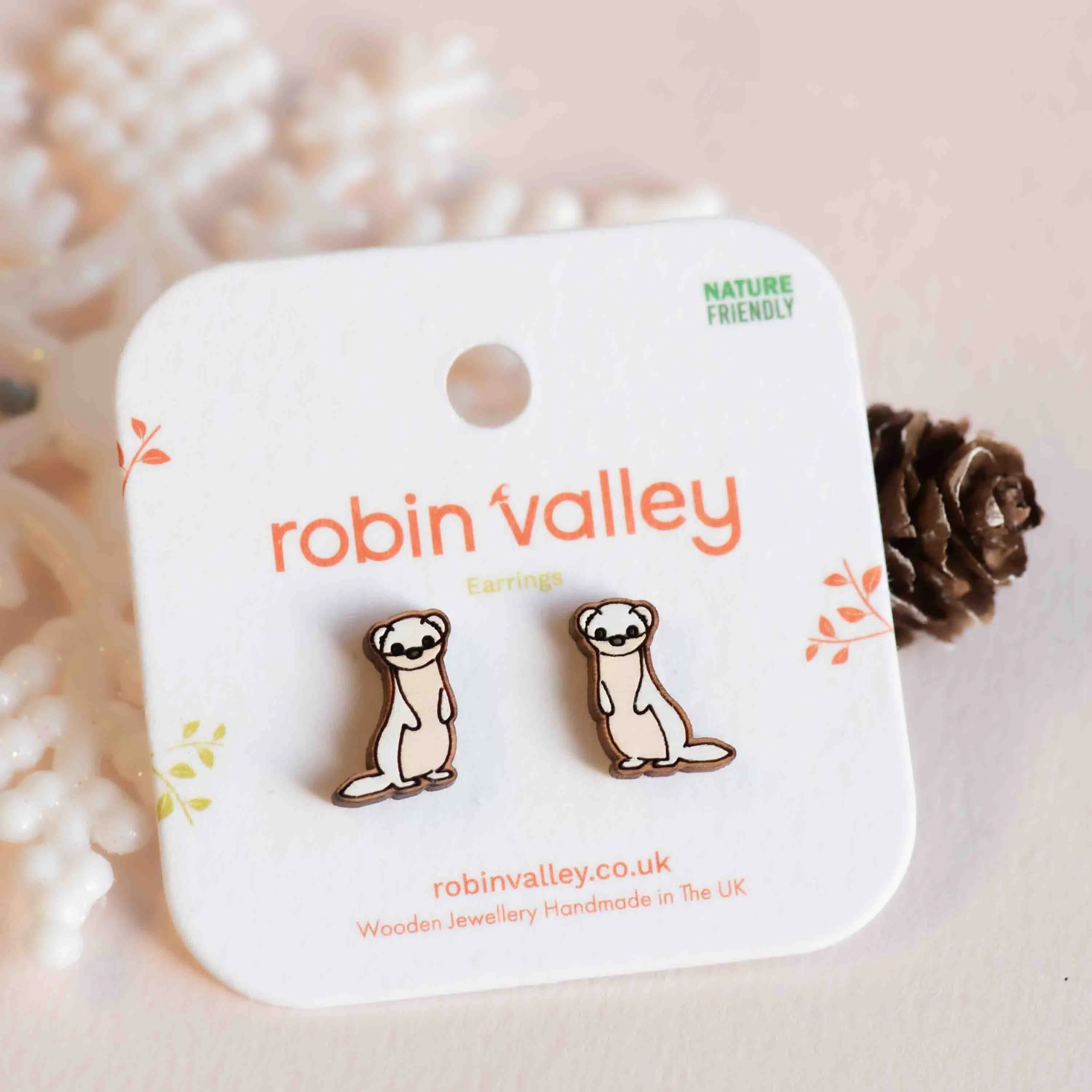 Hand-painted White Ferret Wooden Earrings - PEL10362