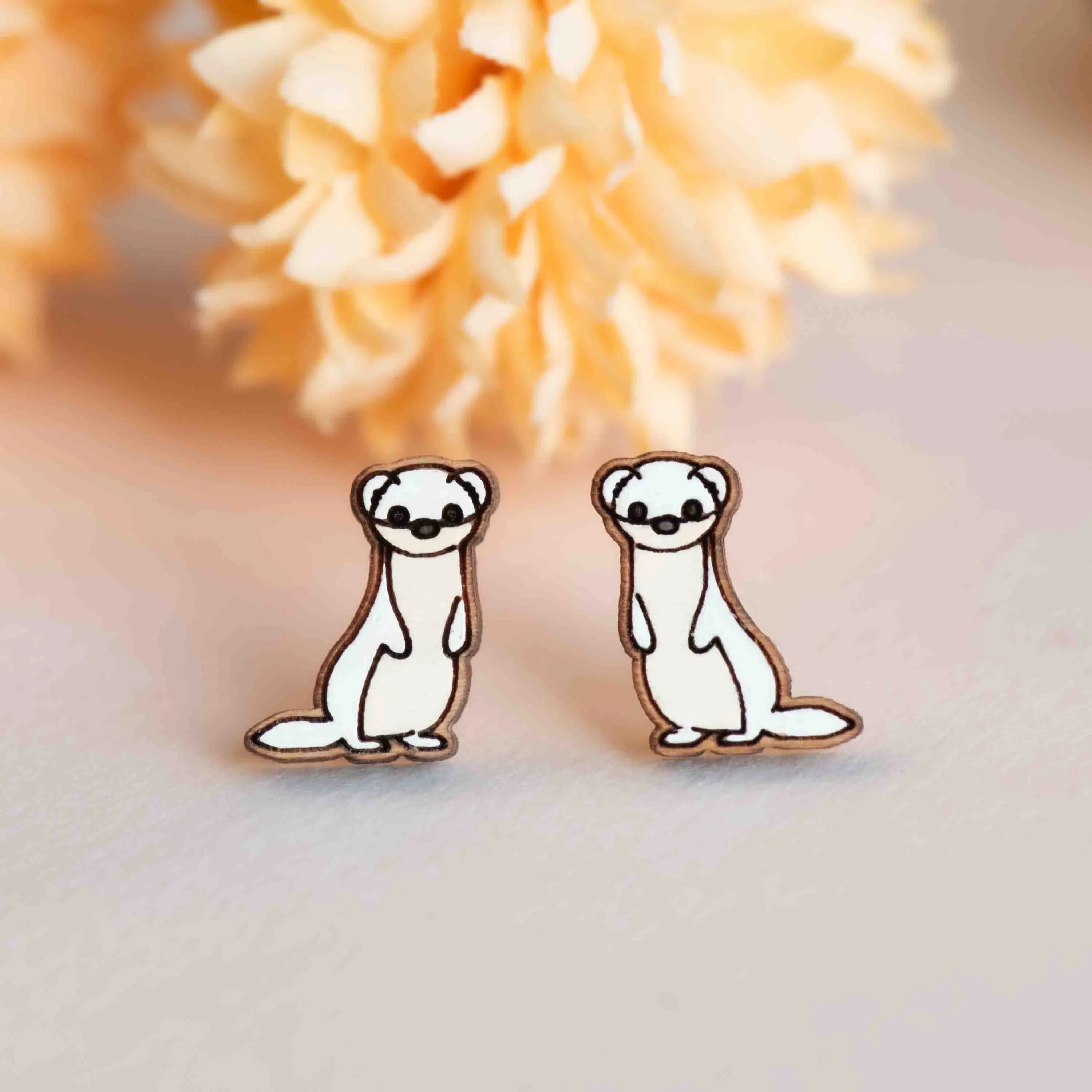 Hand-painted White Ferret Wooden Earrings - PEL10362