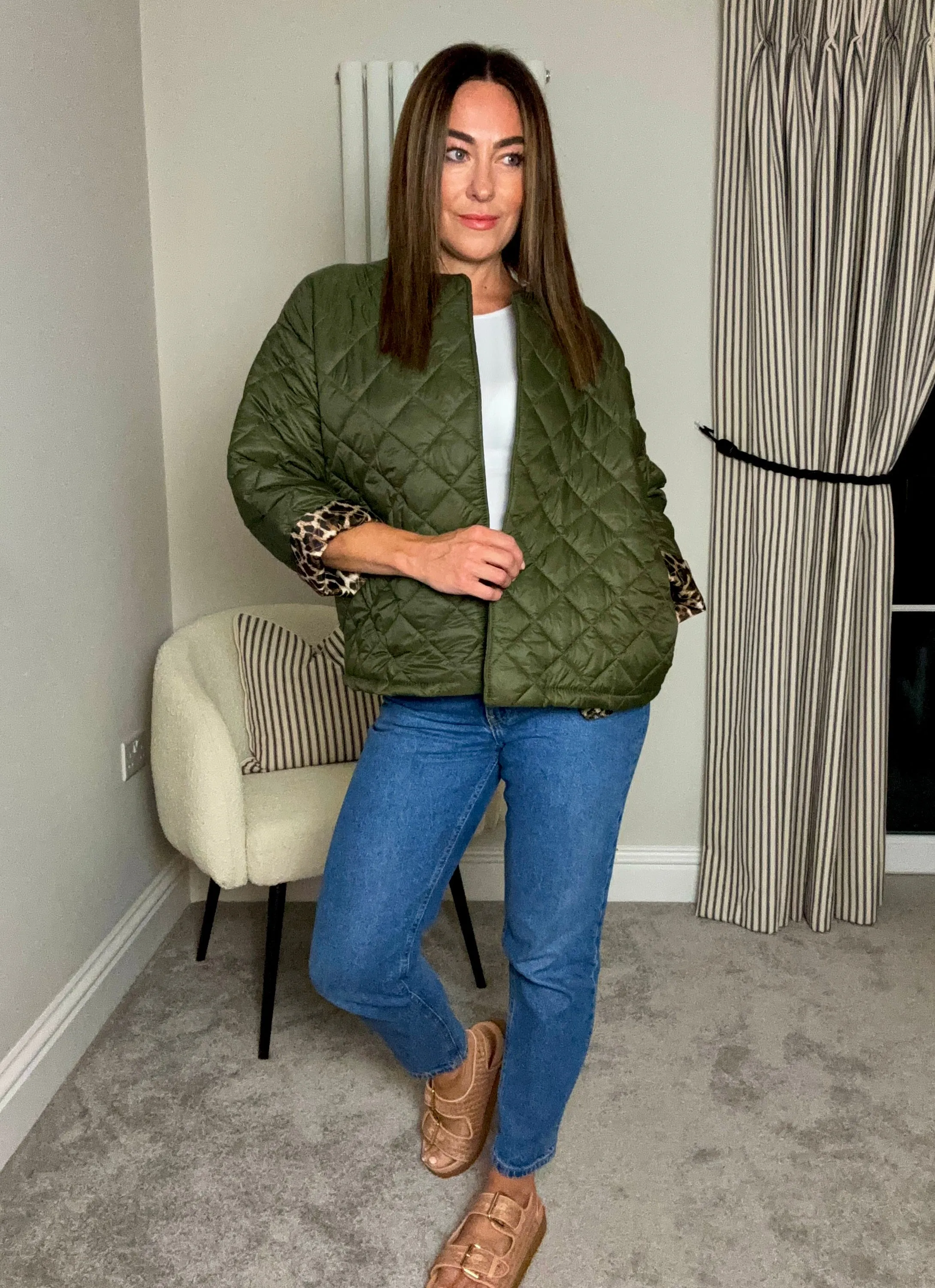 KHAKI THIN QUILT JACKET WITH LEOPARD LINING