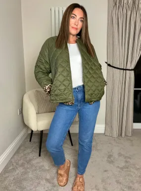 KHAKI THIN QUILT JACKET WITH LEOPARD LINING
