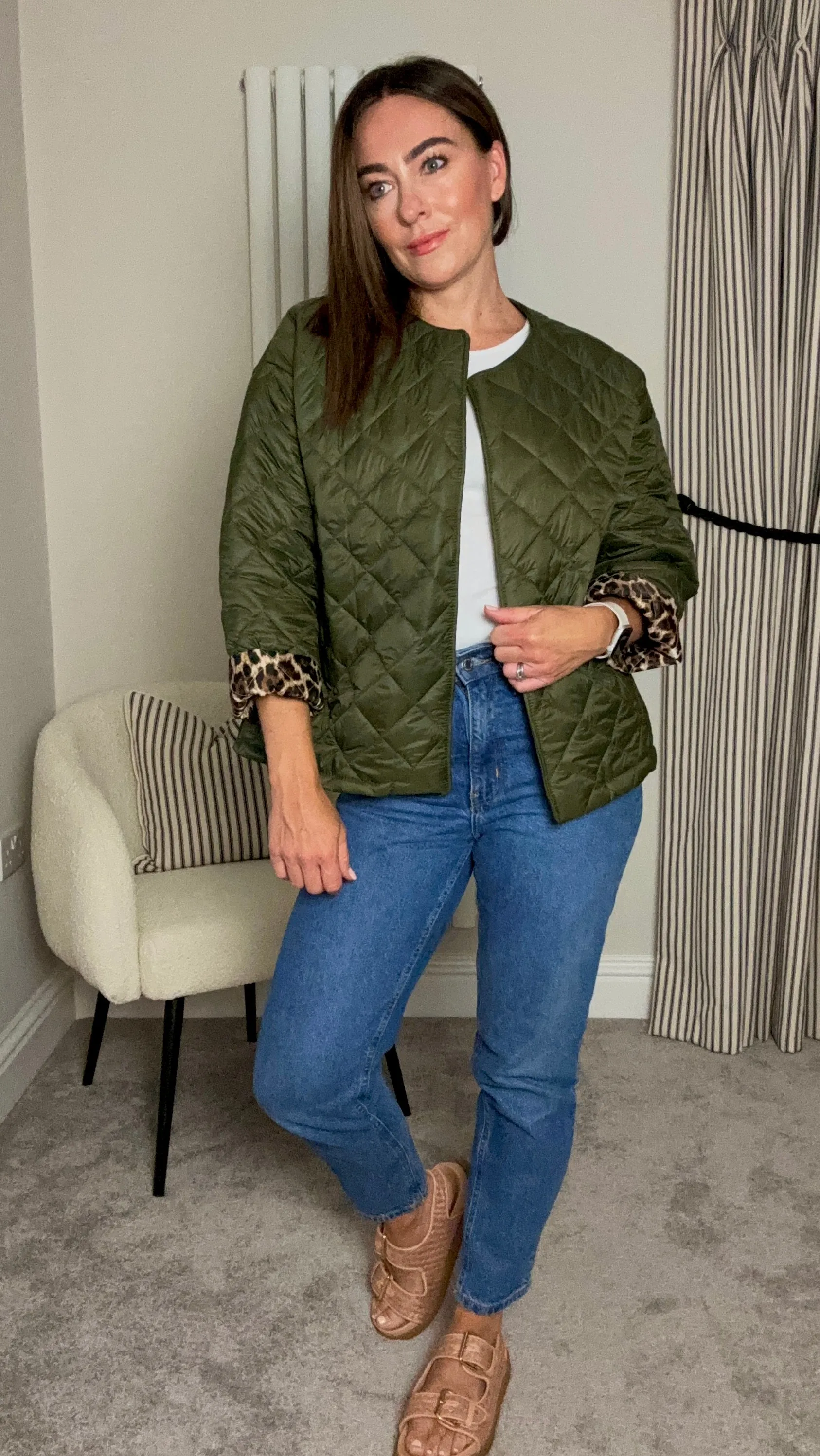 KHAKI THIN QUILT JACKET WITH LEOPARD LINING