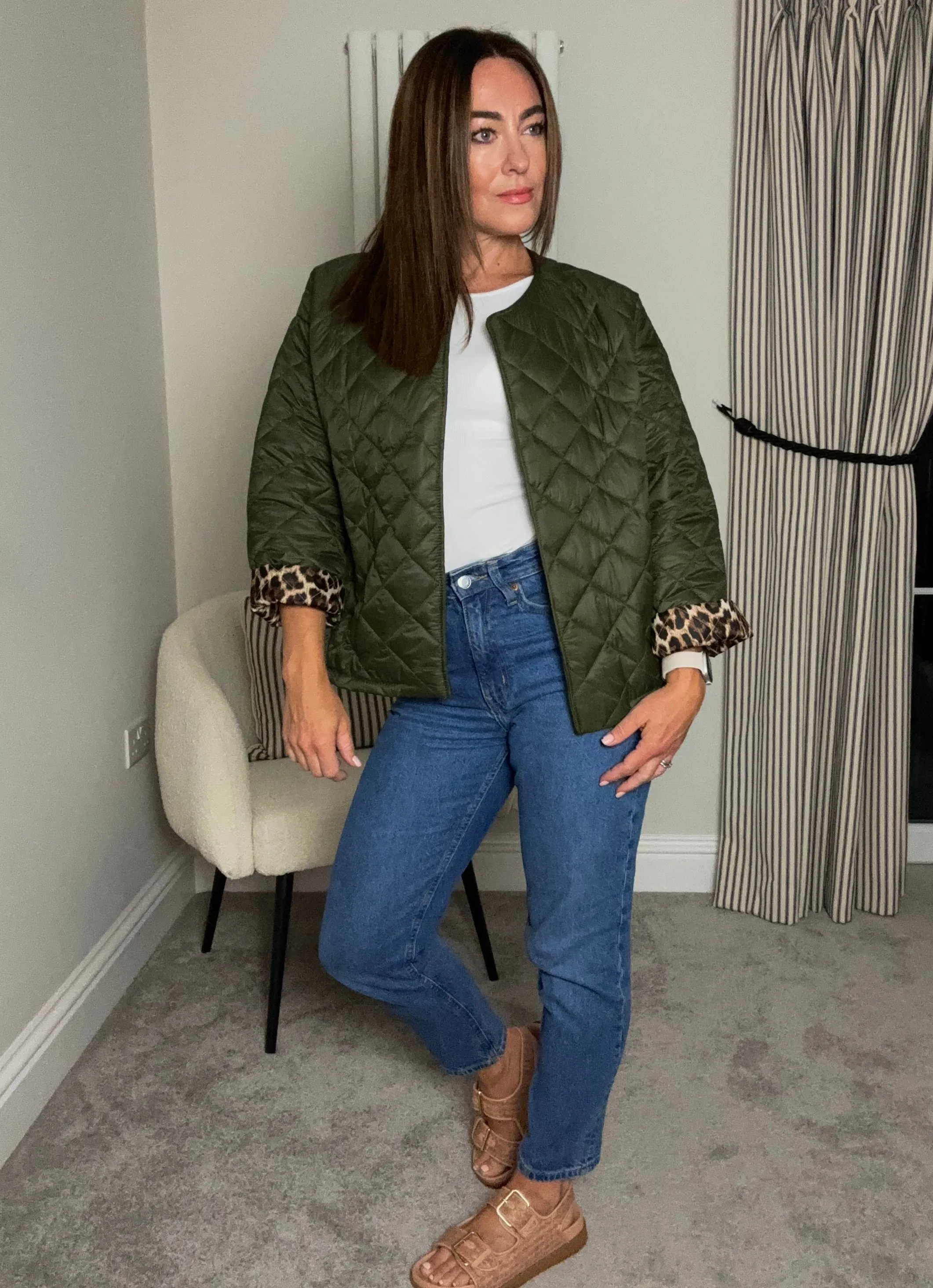 KHAKI THIN QUILT JACKET WITH LEOPARD LINING
