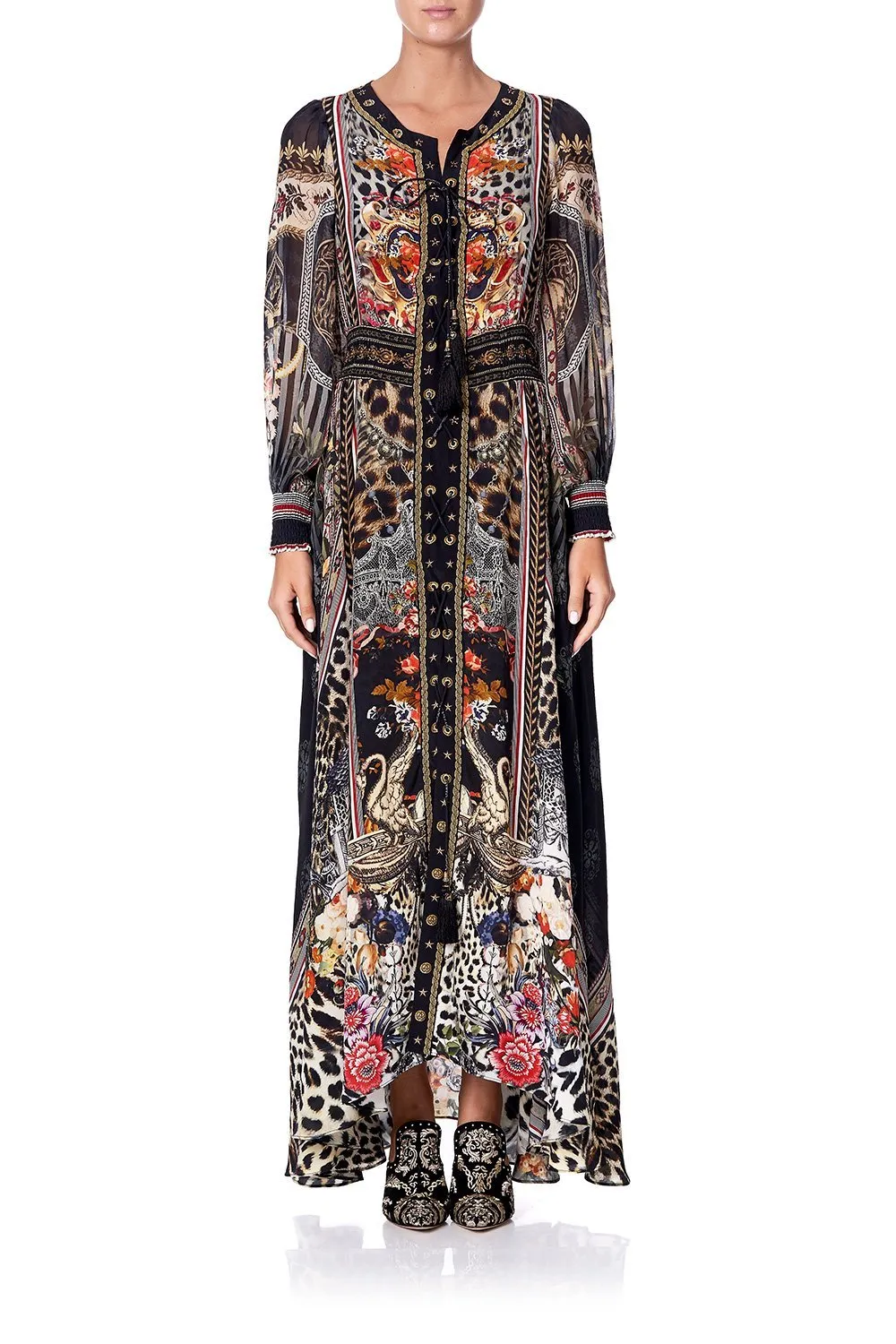 LACE UP DRESS WITH BLOUSON SLEEVE MARAIS AT MIDNIGHT