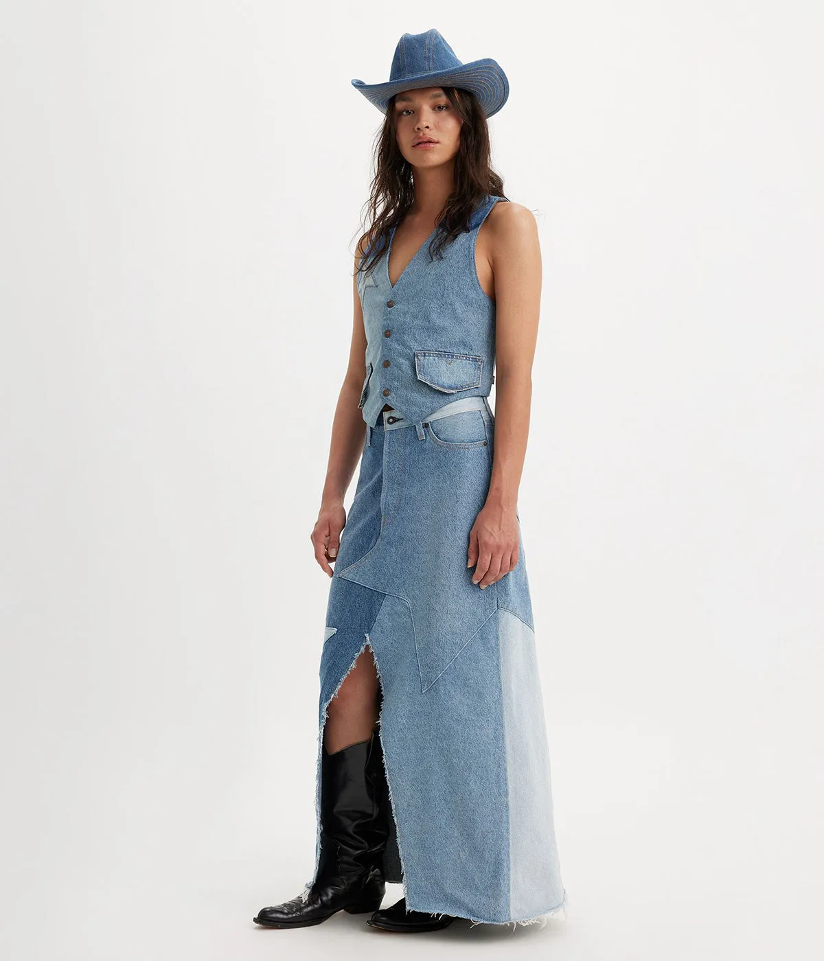 LEVI'S WOMENS PRIDE ICON LONG SKIRT A8395-0000 PATCHWORK DENIM