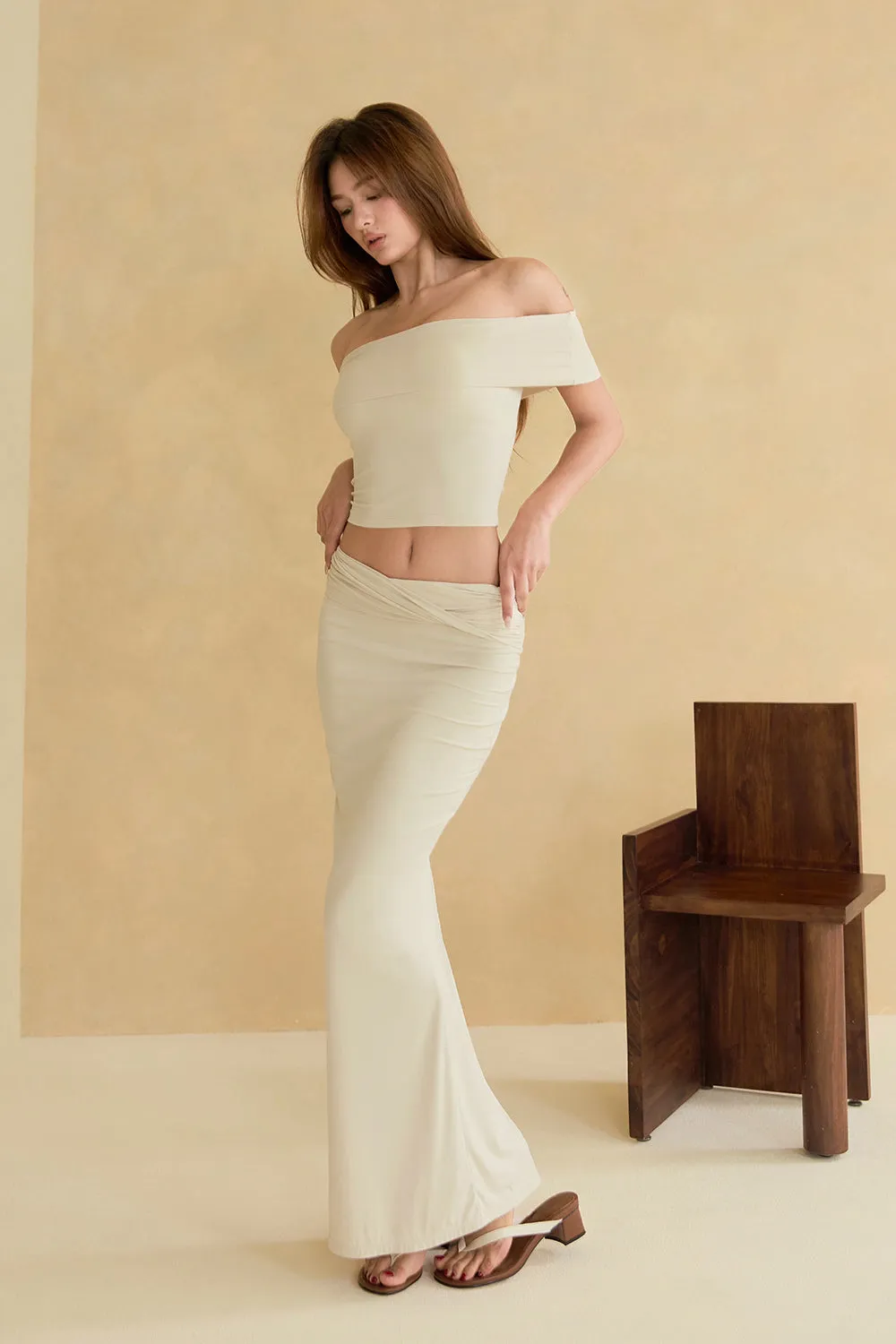 奶蓋翻腰設計長裙<br>mumm SOFT Front Ruched Maxi Skirt