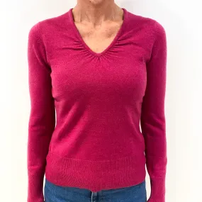 Magenta Pink Cashmere Ruched V-Neck Jumper Small