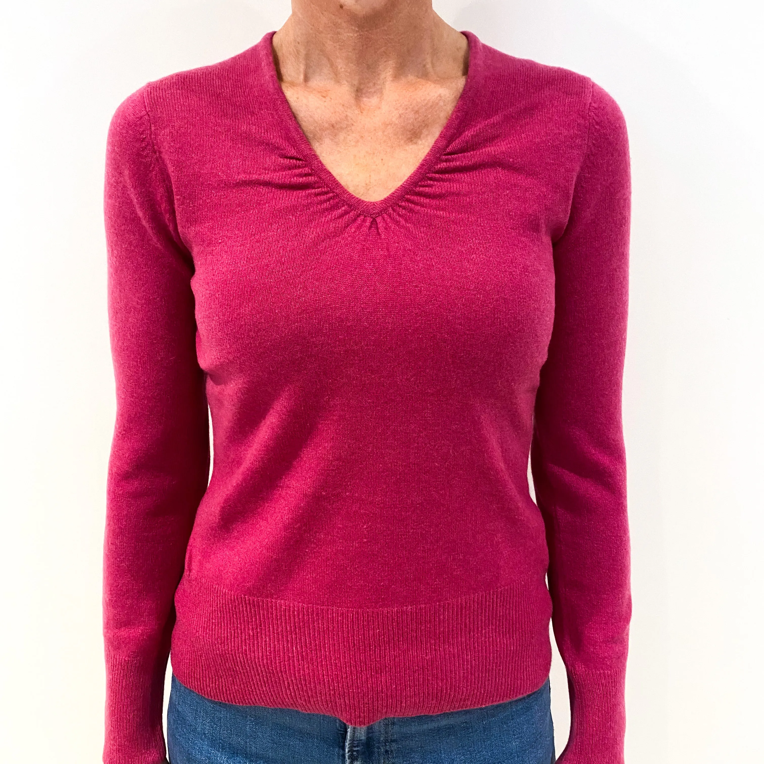 Magenta Pink Cashmere Ruched V-Neck Jumper Small