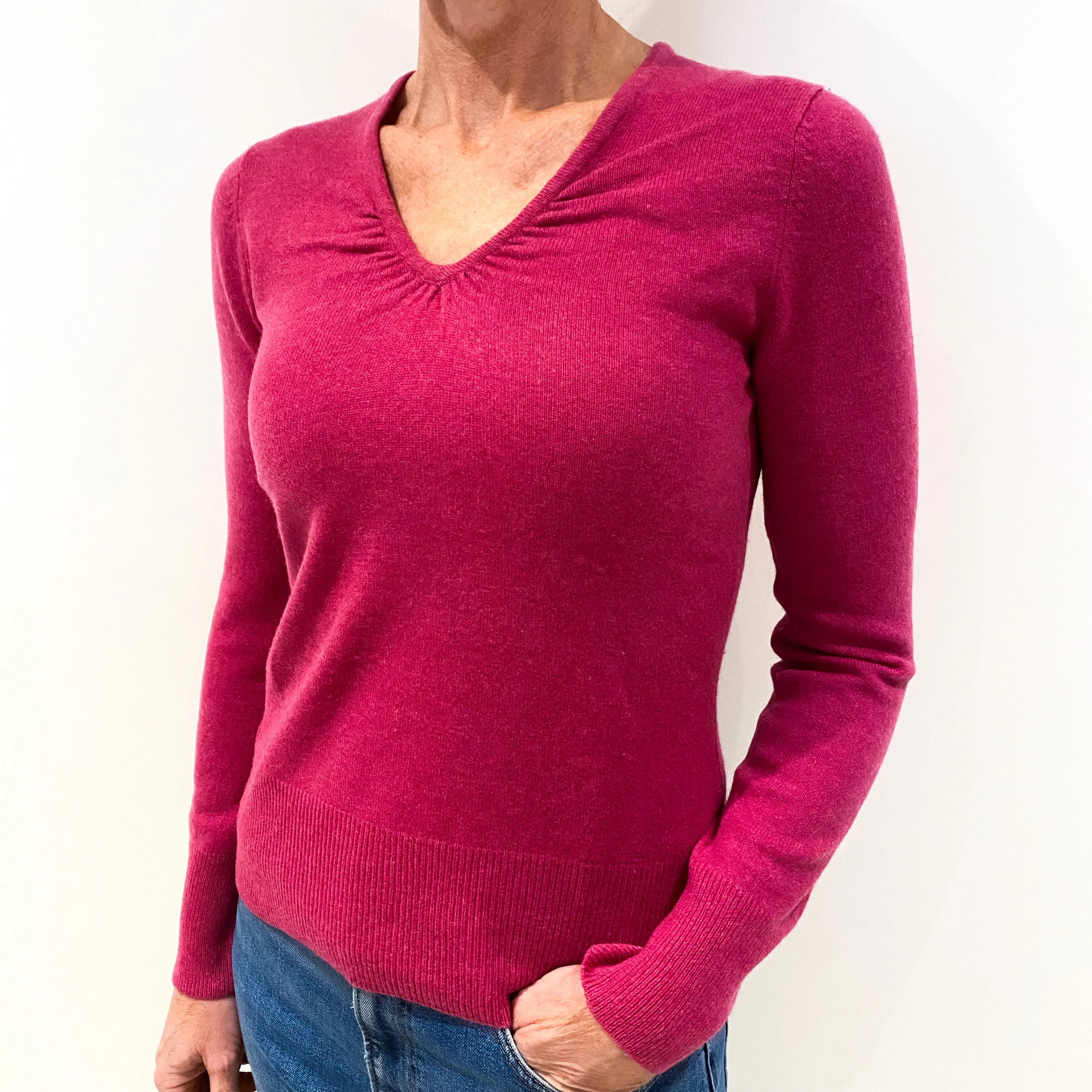 Magenta Pink Cashmere Ruched V-Neck Jumper Small